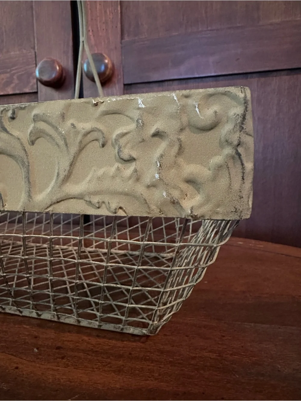 Metal • wire basket • fused handle • painted to look distressed